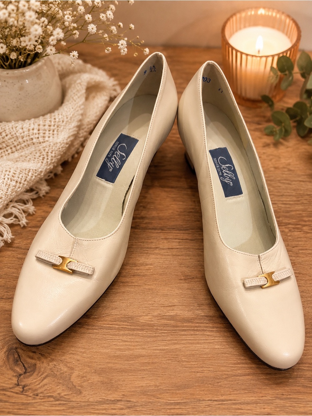 Selby Cream Leather Mid Heel Pumps with Gold Accent